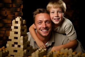 AI generated Dad and son enjoy quality time with bricks, laughter, joy, and blank space for text photo