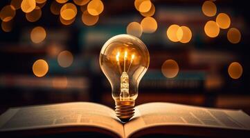 AI generated book of fiction on top bokeh light bulb photo