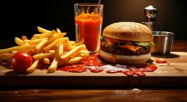 AI generated burger and fries with ketchup on a wooden board photo