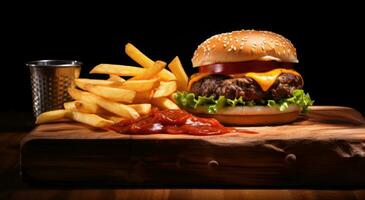 AI generated burger and fries with ketchup on a wooden board photo