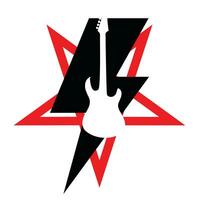 rayo símbolo camiseta diseño con eléctrico guitarra y estrella silueta. bueno ilustración para el atractivo rock de el años 80 vector