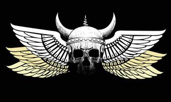 Viking skull t-shirt design with open wings on a black background. vector