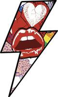 Thunderbolt  symbol t-shirt design with glam rock lips. vector