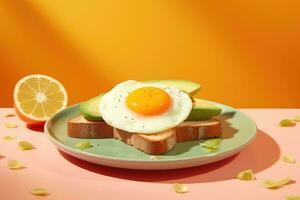 ai generado aguacate en brindis y huevos en naranja rebanadas en un blanco plato foto