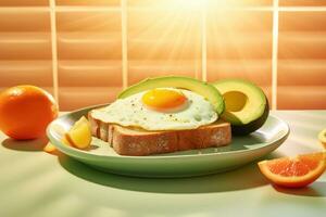 AI generated avocado on toast and eggs on orange slices on a white plate photo