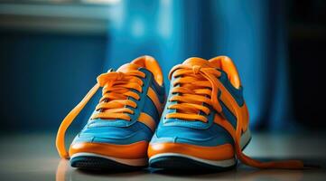 ai generado un naranja y azul par de zapatillas, con azul cordones foto