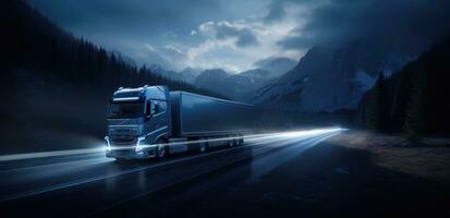 AI generated an image of a truck driving along the road to sun photo