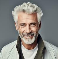 AI generated an old man with white hair looking happy photo