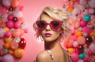 AI generated attractive blonde woman posing in sunglasses with her face looking surprised photo