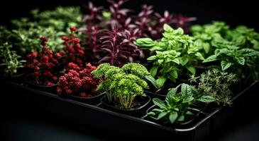 AI generated a tray contains a variety of plants photo