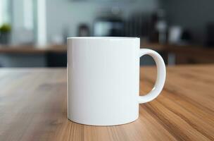 AI generated a white coffee mug is sitting on top of a table photo