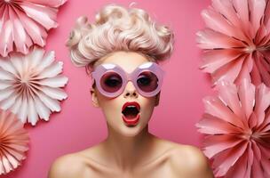 AI generated attractive blonde woman posing in sunglasses with her face looking surprised photo