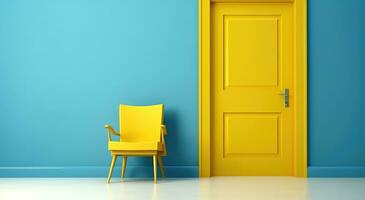 AI generated a yellow door, chair and blue wall yellow door photo