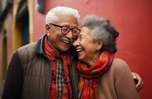 AI generated a smiling old couple hugging photo