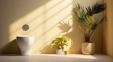 ai generado un baño en moderno baño con un planta y un blanco lavabo foto