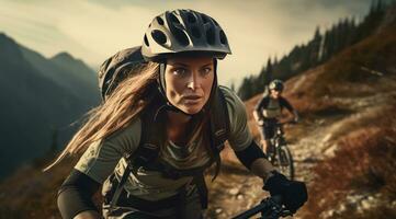 ai generado un mujer es montando un montaña bicicleta en el montañas con un persona en el antecedentes foto