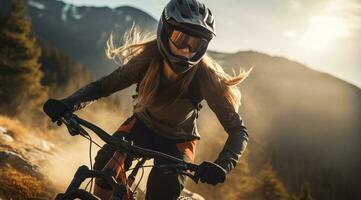 AI generated a woman is riding a mountain bike in the mountains with a person in the background photo