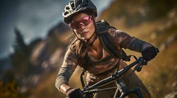 AI generated a woman is riding a mountain bike in the mountains with a person in the background photo