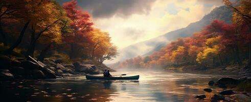 ai generado un soltero persona canotaje abajo un río dentro el otoño follaje foto