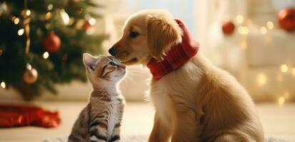 ai generado un perrito y gatito ambos besado en frente de un Navidad árbol foto