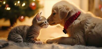 ai generado un perrito y gatito ambos besado en frente de un Navidad árbol foto