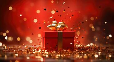 AI generated a red box floating on a red background with gold confetti photo