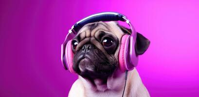 AI generated a pug wearing headphones over purple background photo