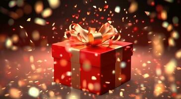 AI generated a red gift box with red ribbon and gold confetti confetti photo