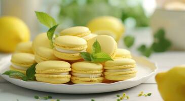 AI generated a plate filled with macarons next to lemon flowers photo