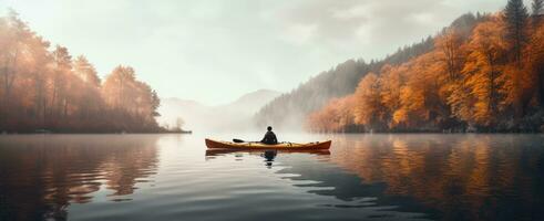 ai generado un hombre kayak en un otoño de colores lago foto