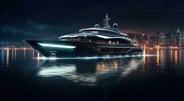 AI generated a luxury yacht sails at night in the river photo