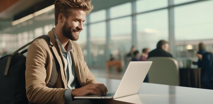 ai generado un hombre es sentado a un aeropuerto con su ordenador portátil en frente de él foto