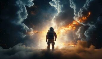AI generated a man in space walking through a glowing space photo