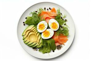AI generated a plate with avocado and salmon with an egg on top photo