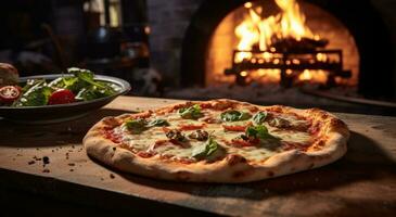 ai generado un Pizza Cocinando en un madera ardiente horno foto