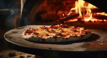 ai generado un Pizza Cocinando en un madera ardiente horno foto