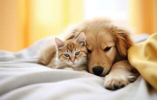 ai generado un gatito y un perro acurrucarse en un blanco lecho foto