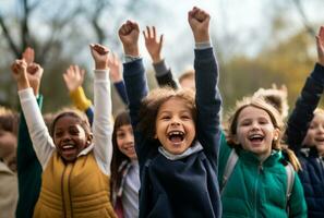 AI generated a group of children raising their hands in class photo