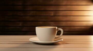 AI generated a large coffee cup sits on a wooden table photo