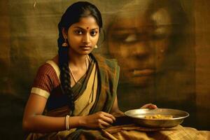 AI generated A young woman with long dark hair, wearing traditional Indian garb, sits and enjoys a meal. photo