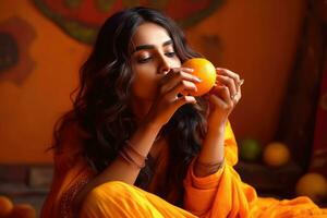 AI generated A woman in an orange dress enjoys an orange while sitting down photo