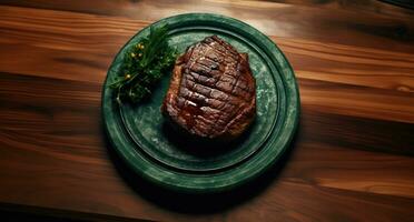 AI generated a grilled steak sitting on a wooden table, photo