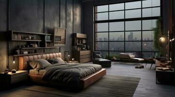 AI generated a grey bedroom with dark wooden furniture and large windows photo