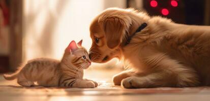 ai generado un perro es besos un gatito en el piso con rojo medias foto