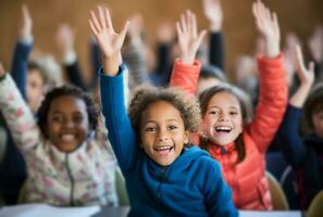 AI generated a group of children raising their hands in class photo