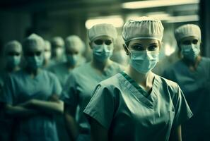 ai generado un grupo de mujer en enfermeras uniformes con quirúrgico mascaras foto