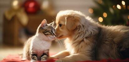 AI generated a dog is kissing a kitten on the floor with red stockings photo