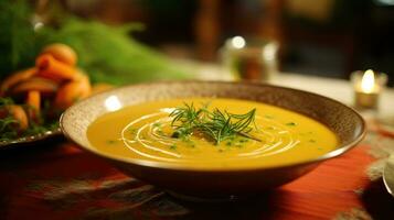 AI generated a bowl of pumpkin soup, topped with rosemary, sits on green vegetables photo
