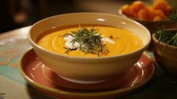 AI generated a bowl of pumpkin soup, topped with rosemary, sits on green vegetables photo
