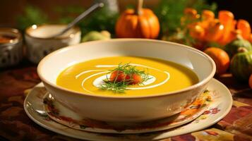 AI generated a bowl of pumpkin soup, topped with rosemary, sits on green vegetables photo